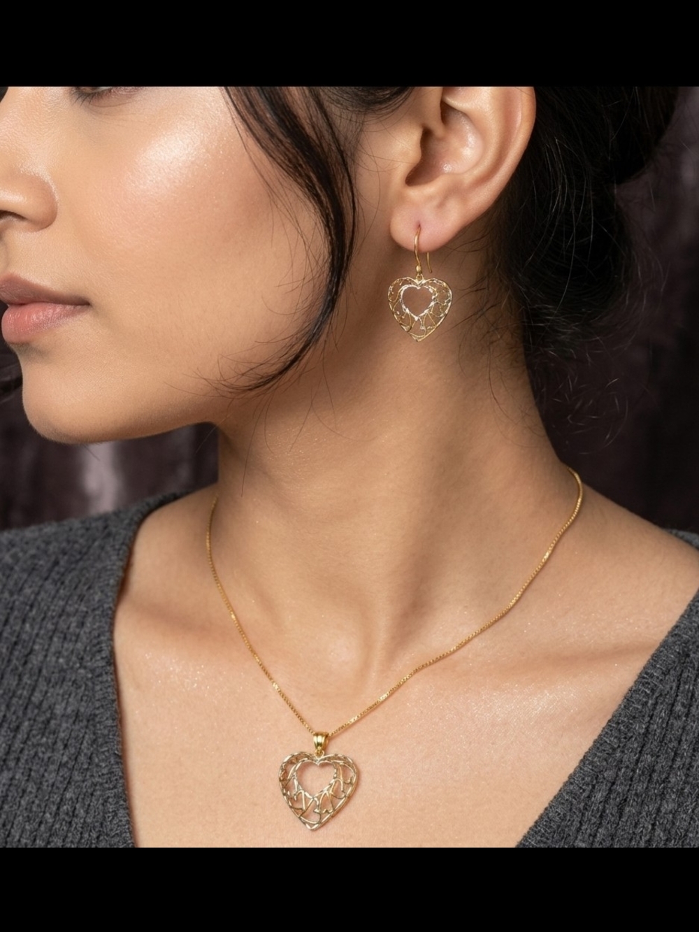 10k Gold Heart Filigree Necklace and Earrings Set